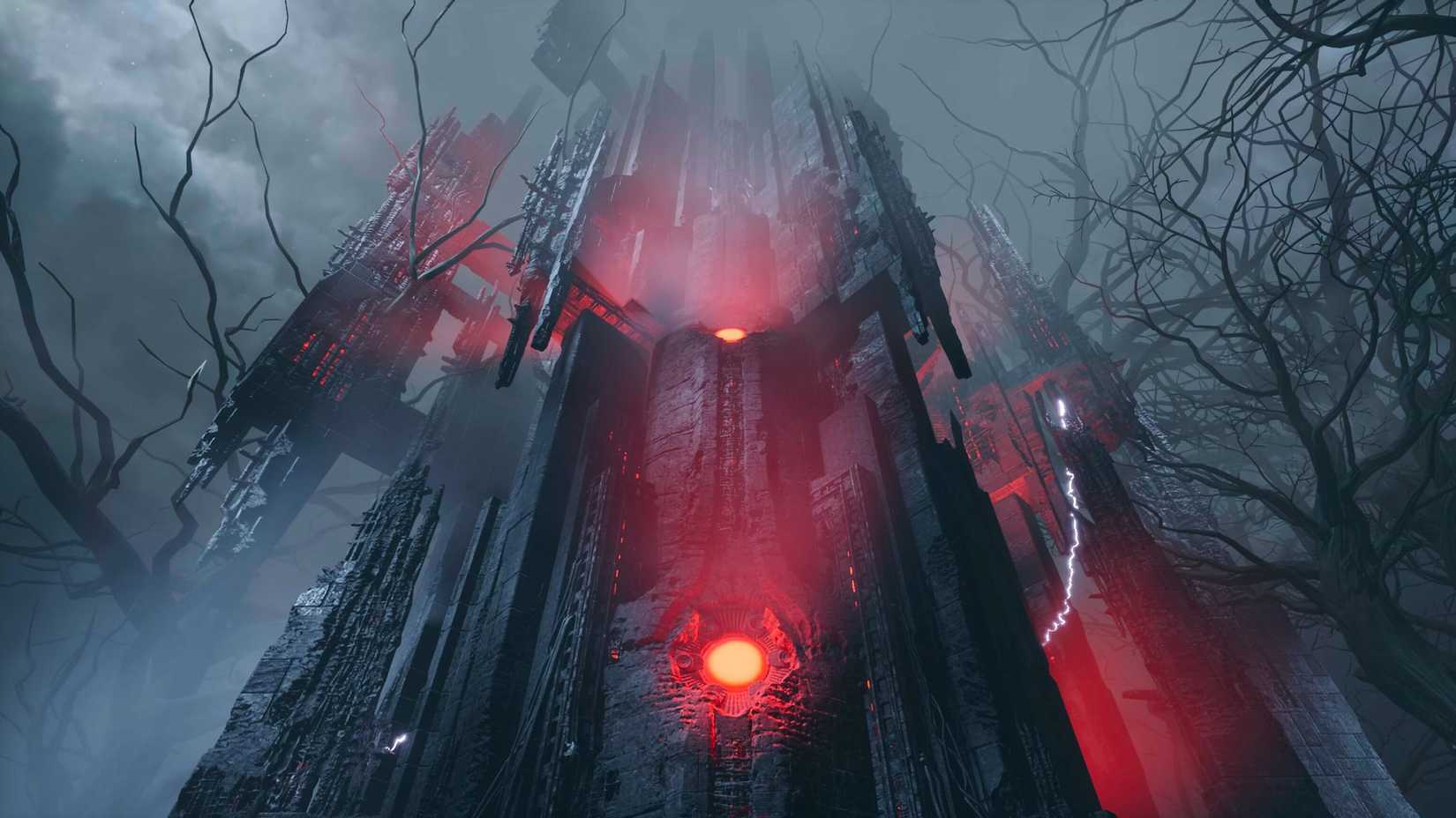 Returnal - uma foto externa da terrível torre de Sisphyus, uma estrutura alienígena preta e vermelha