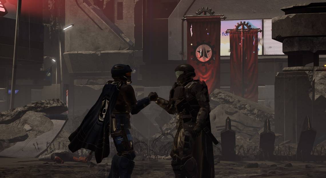 Dois infernos apertando as mãos em uma imagem dos Helldivers 2 e Halo 3 Odst Crossover.