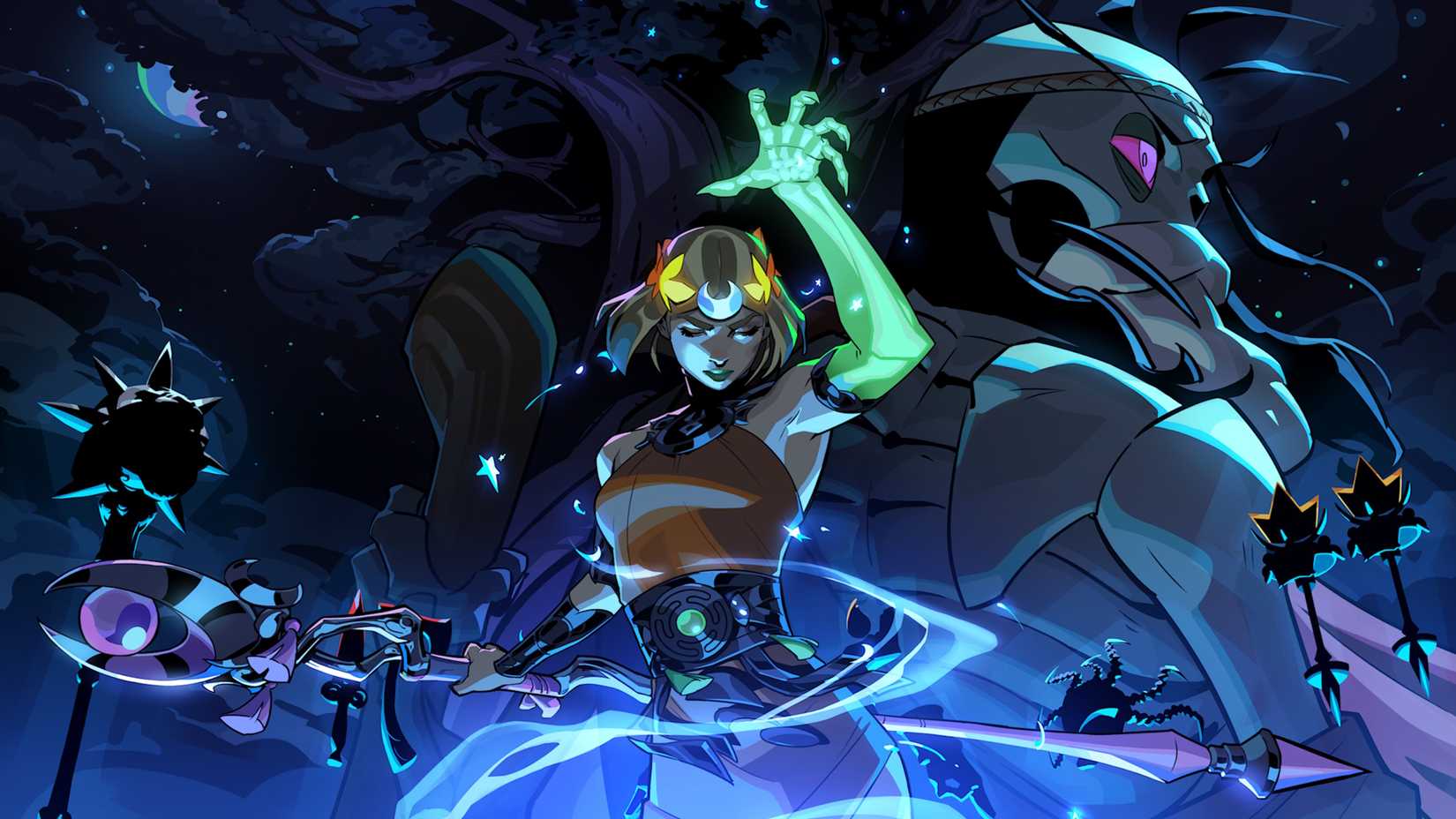 Melinoe, uma mulher com cabelos loiros e um braço esquelético, parece estar lançando um encantamento. Uma captura de tela de Hades 2.