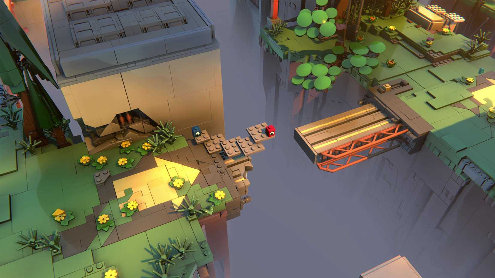 Uma captura de tela oficial da LEGO Voyagers mostrando dois tijolos de Lego construindo uma ponte.