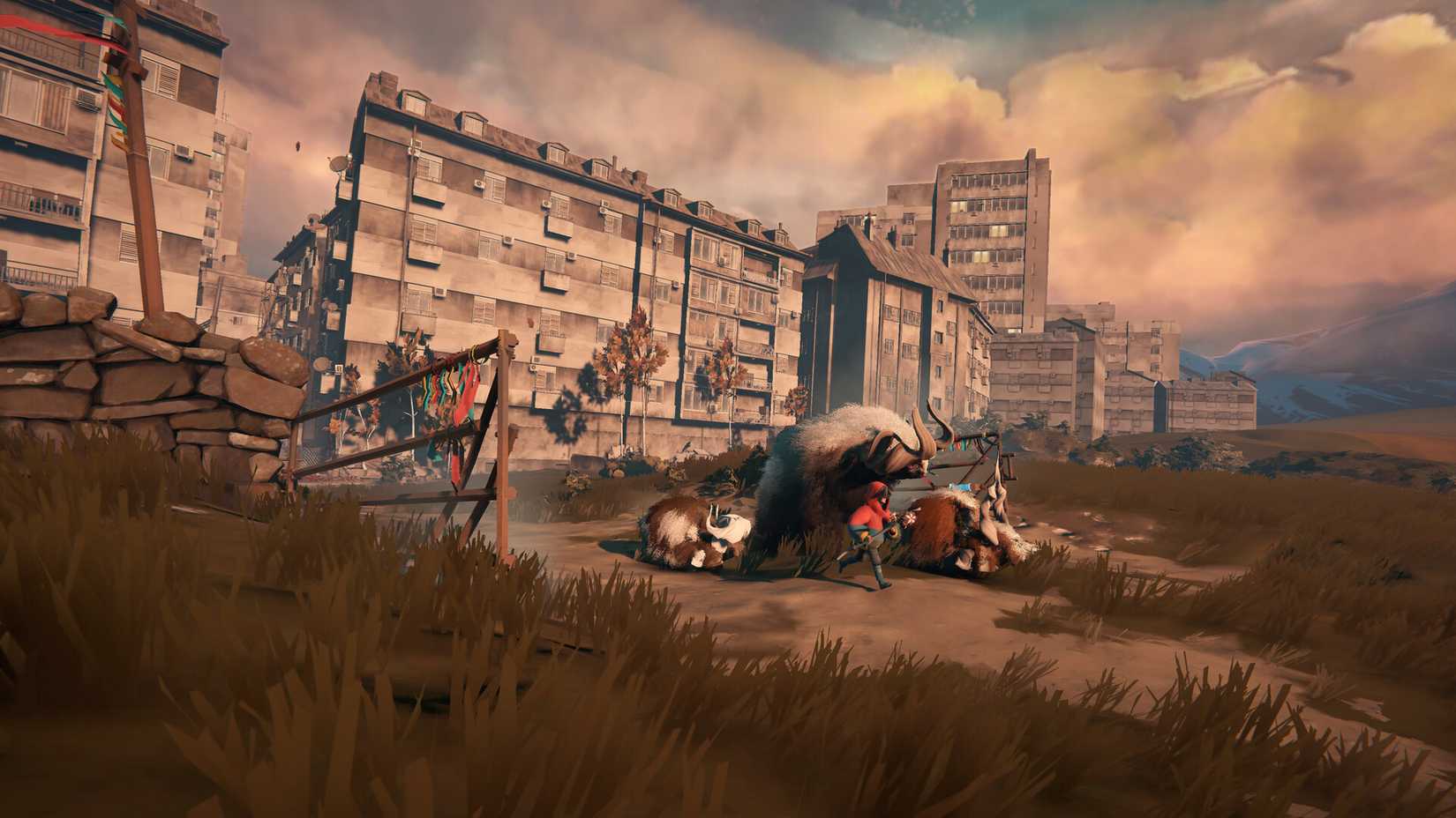 Uma cidade abandonada está sendo deixada para trás. Um jovem humano em um capuz vermelho e empunhando uma equipe lidera um grupo de criaturas de calicórnio e de cabra, para frente. Imagem de Herlling.