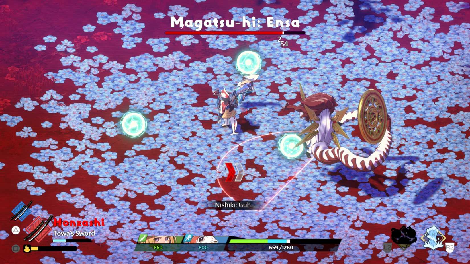 Origami e Nishiki lutando contra um chefe em Towa e os Guardiões da Árvore Sagrada