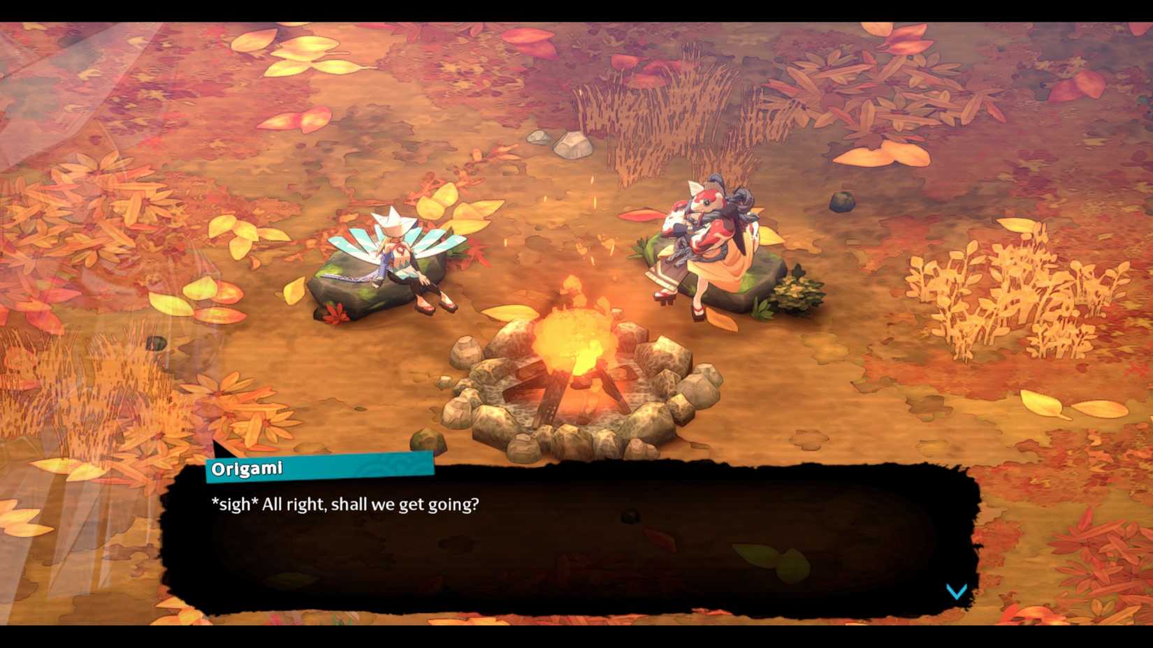 Nishiki e Origami sentados em uma fogueira em Towa e os Guardiões da Árvore Sagrada