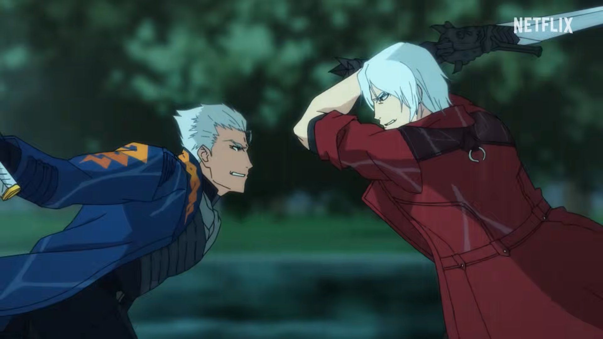 Vergil e Dante lutando no trailer para Devil May Cry Temporada 2