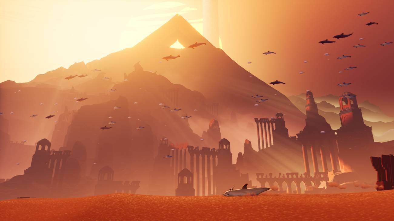 Uma paisagem do deserto, com palácios em ruínas e uma paleta de cores muito do estilo de viagem.