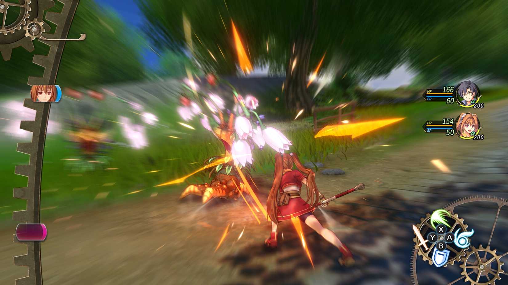 Estelle atacando um monstro de plantas em trilhas no céu primeiro capítulo