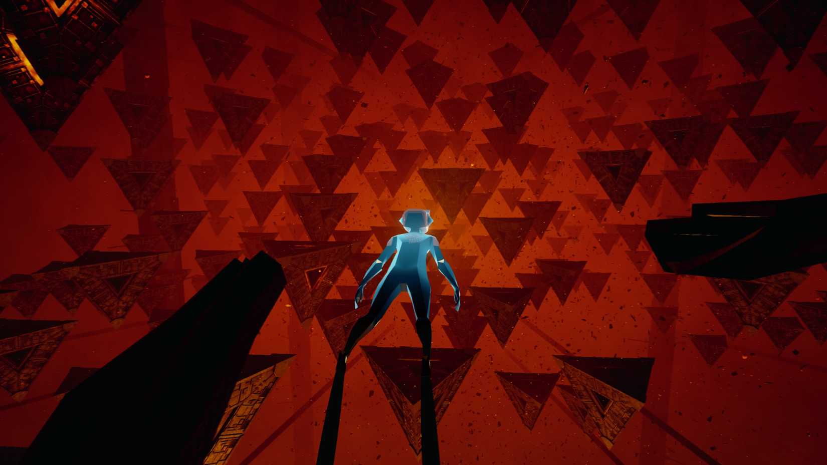 O mergulhador de Abzû fica cara a cara com alguns objetos em forma de pirâmide seriamente perturbadores flutuando no oceano.