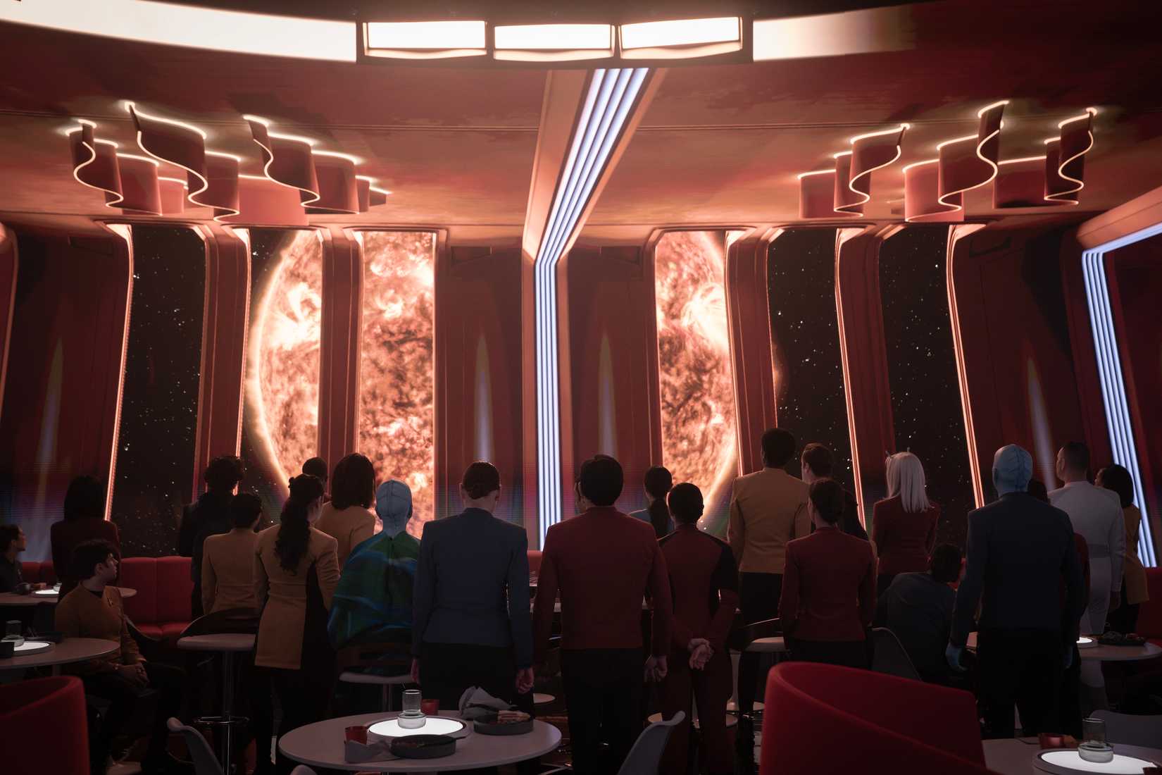 Uma vista de um sol da ponte da empresa em Star Trek: Strange New Worlds