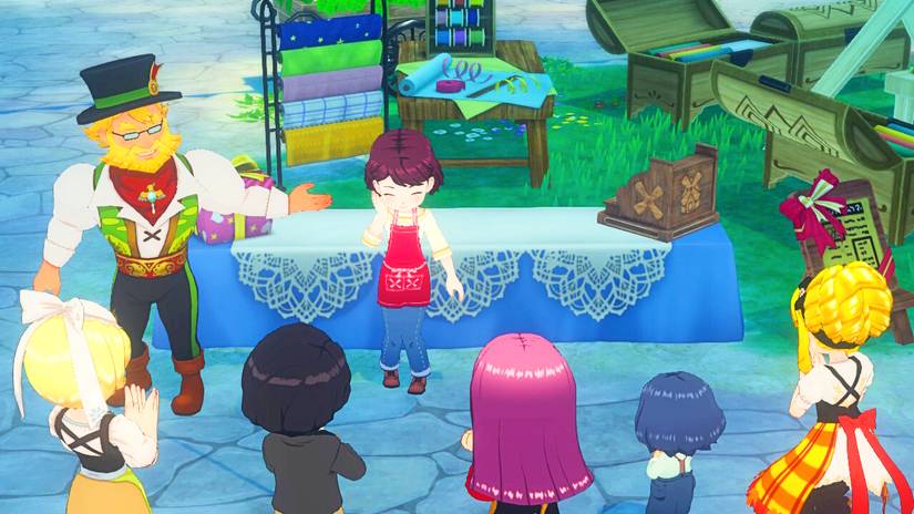 Uma multidão parabeniza um proprietário de barraca tímido. Captura de tela de Story of Seasons: Grand Bazaar.