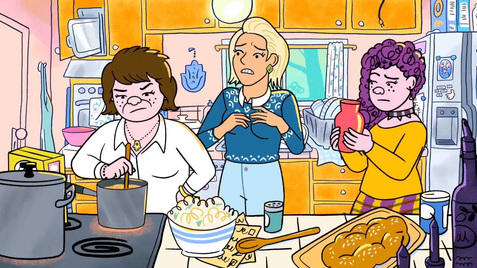 Naomi Schwartz faz o jantar enquanto Jen parece estranho e Shira olha para um vaso em longa história.