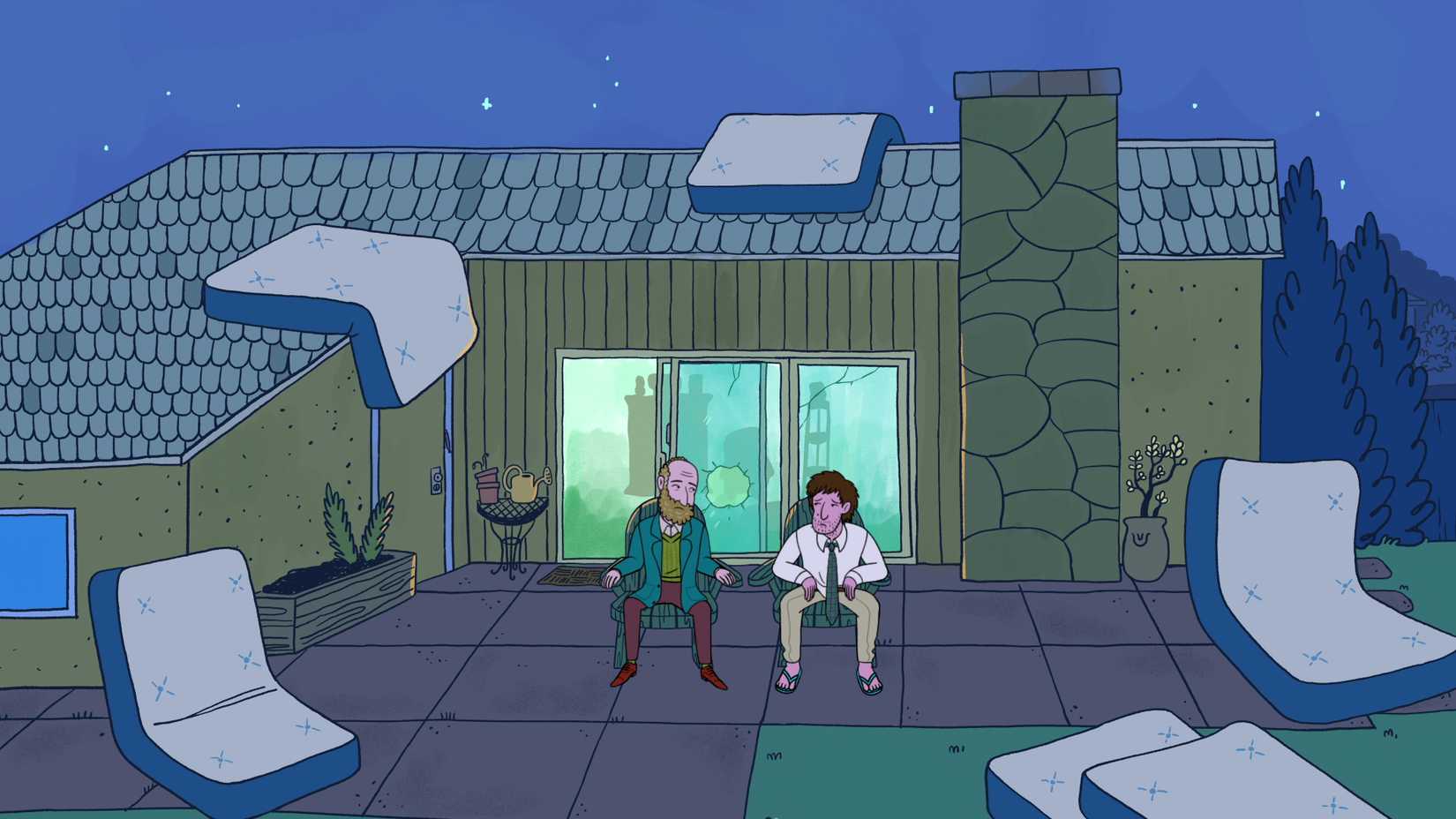 Yoshi e Elliot Cooper sentam -se do lado de fora da casa de Schwooper, cobertos de colchões, em longa história.