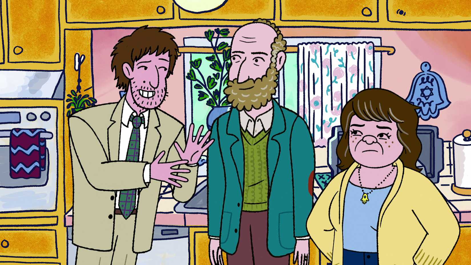 Elliot e Naomi parecem duvidosos enquanto Yoshi fala com eles em sua cozinha em longa história.