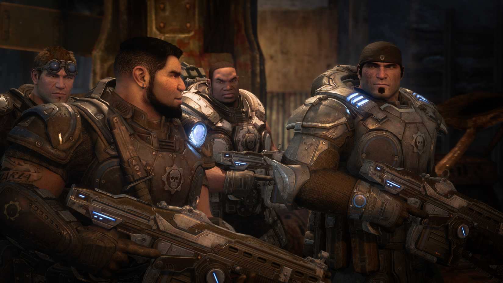 Marcus Fenix ​​e o restante do esquadrão Delta em Gears of War: Reloaded.