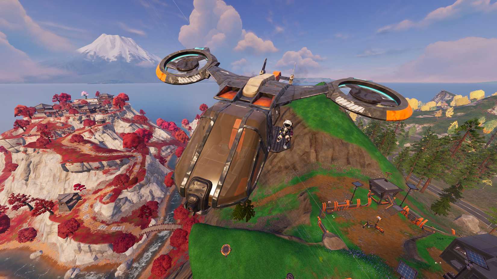 Um personagem Fortnite sentado ao lado de um hammerhead Choppa sem um piloto.