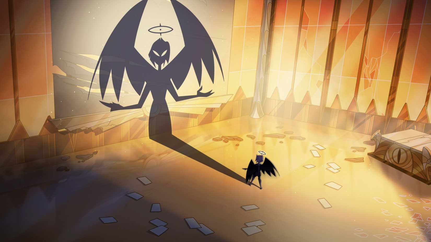 Uma figura angelical com asas de espalhada larga fica em uma vasta sala de ouro, lançando uma sombra gigante na parede, no Hazbin Hotel temporada 2