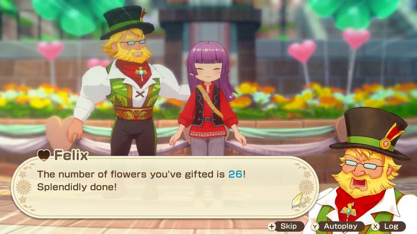 O personagem do jogador é informado de que eles são o vencedor do Festival de Flores com 26 flores dadas. Imagem de Story of Seasons: Grand Bazaar.