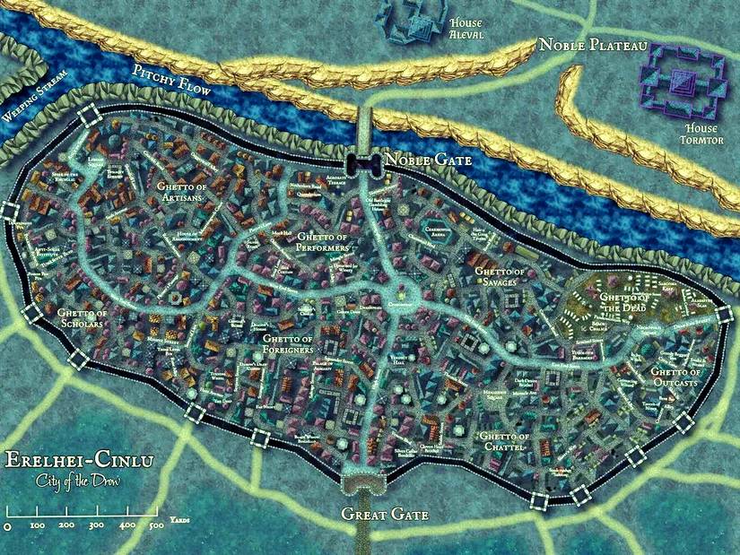 A cidade de Erelhei-Cinlu recriada no mapa do cofre da aventura de Drow