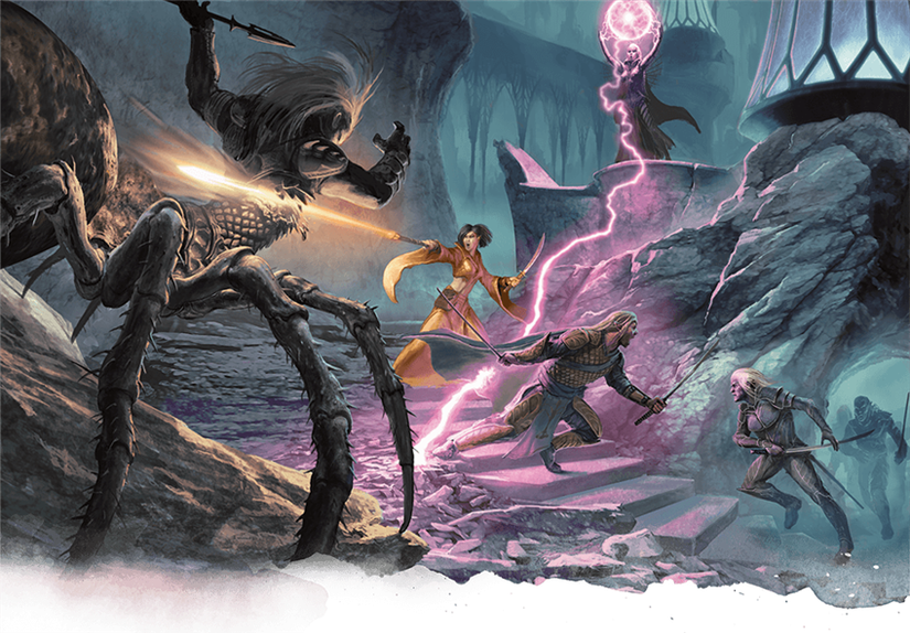Um grupo de aventuras luta contra Drow e um Drider no Underdark