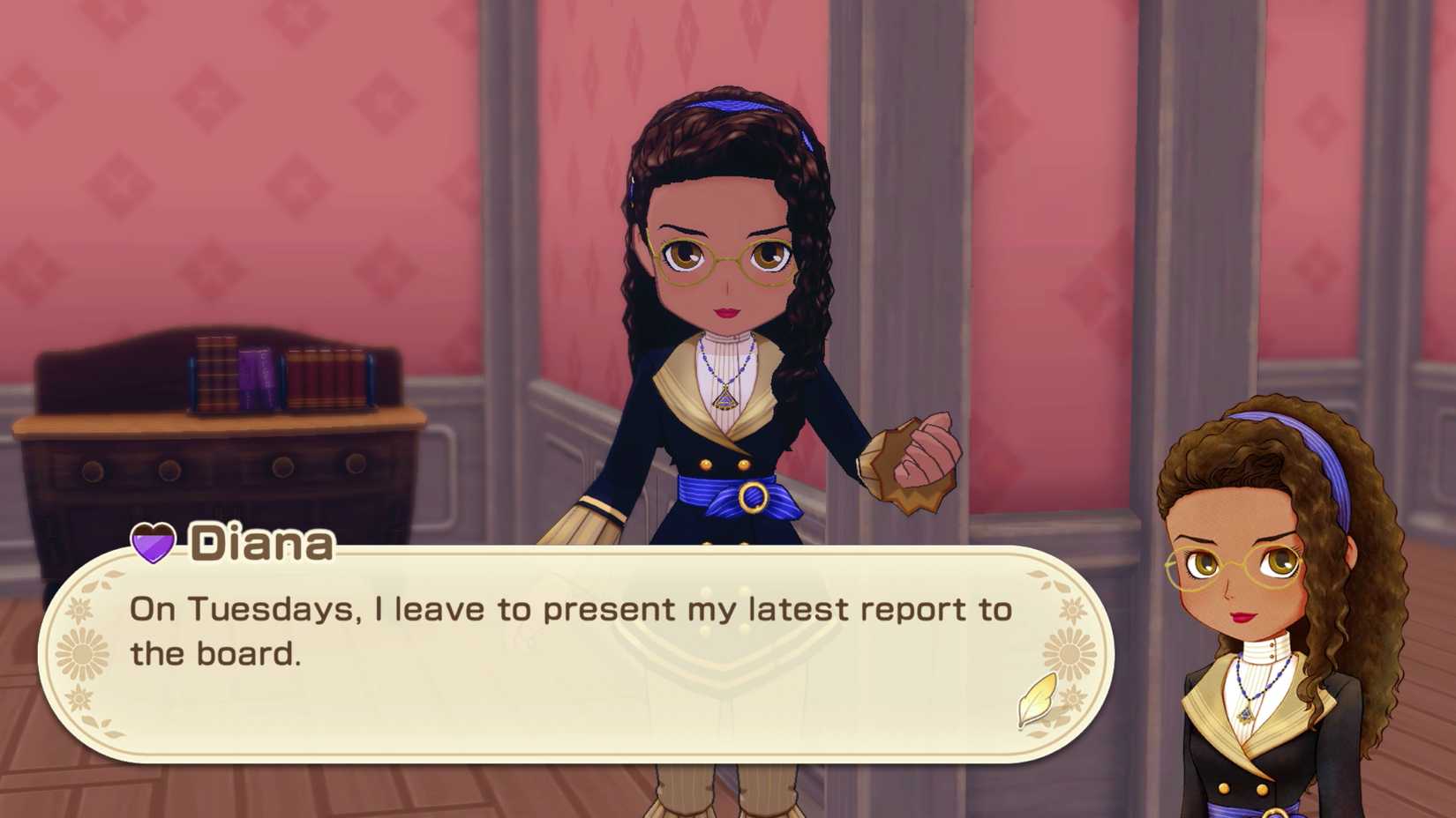 Diana, uma mulher séria com óculos e cabelos trançados, na história de estações: Grand Bazaar