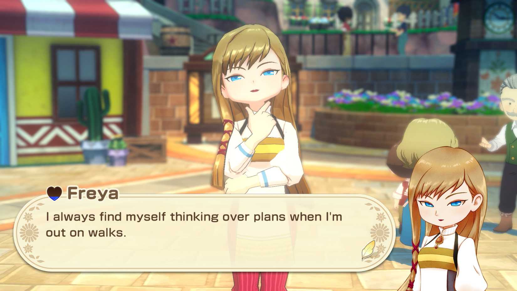 Freya, uma mulher com longos cabelos loiros, pensa com a mão no queixo, na história de estações: Grand Bazaar.