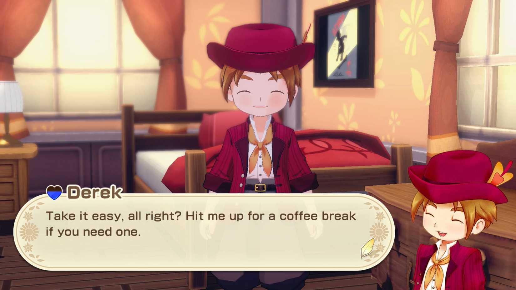 Derek, um homem com cabelos castanhos claros em um chapéu vermelho, sorri para o jogador na história de estações: Grand Bazaar.
