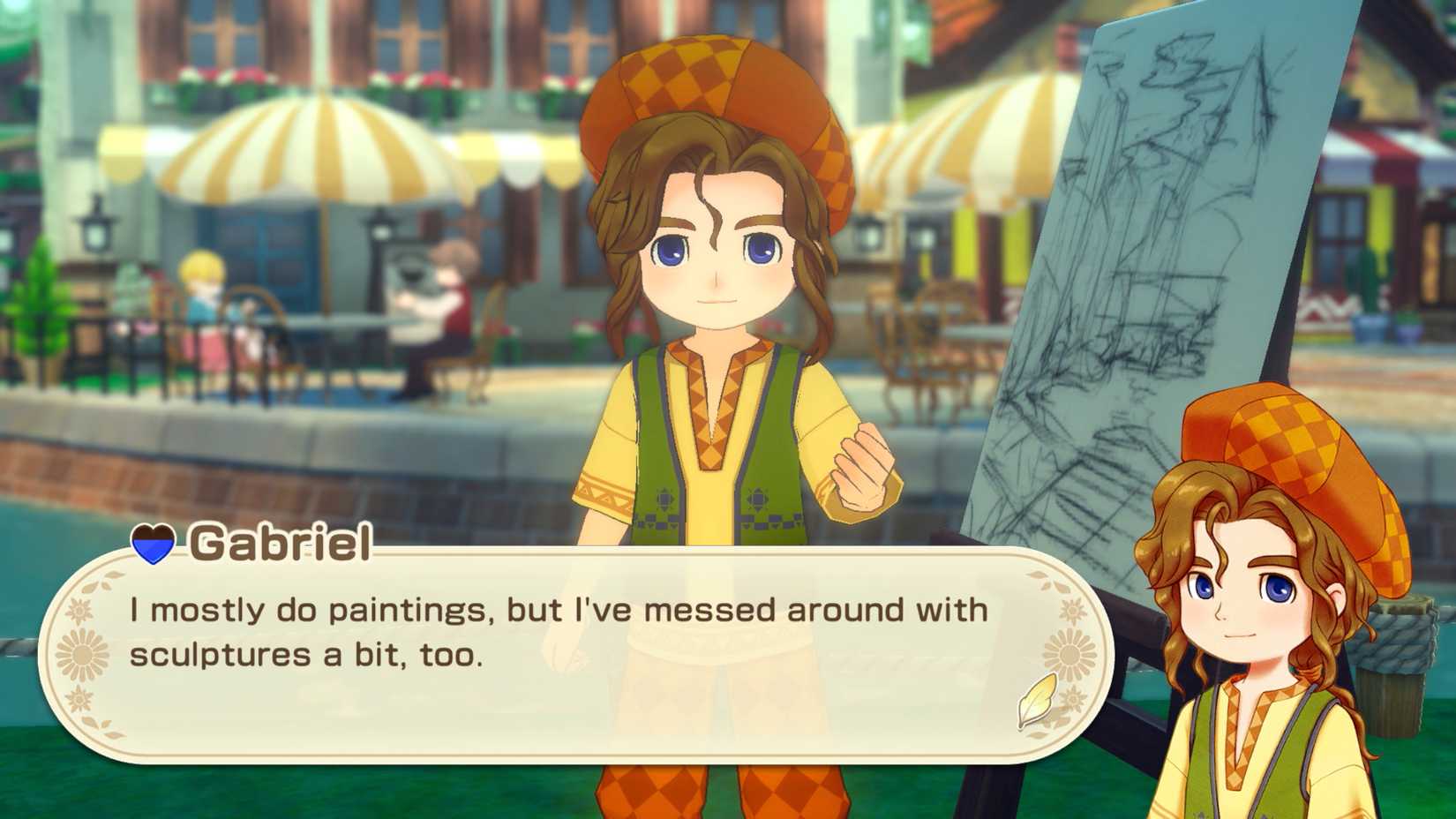 Gabriel, um homem de cabelos castanhos em frente a um cavalete no meio da cidade, em Story of Seasons: Grand Bazaar