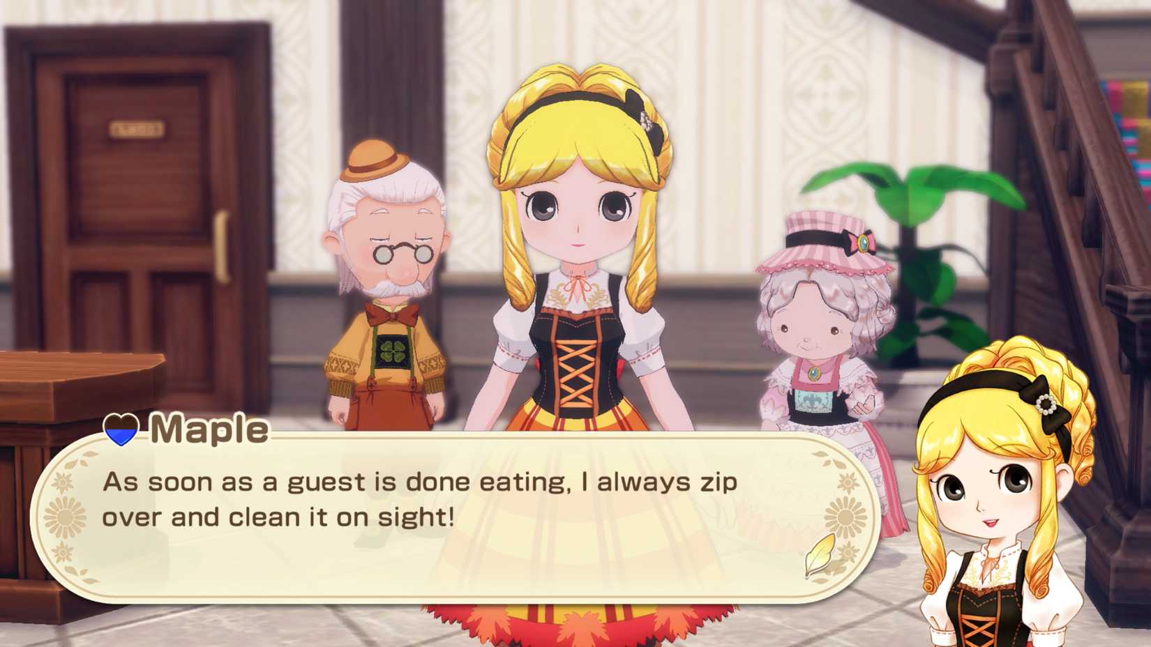 Maple, uma garota com cabelos loiros em um penteado, fica no hotel em Story of Seasons: Grand Bazaar.