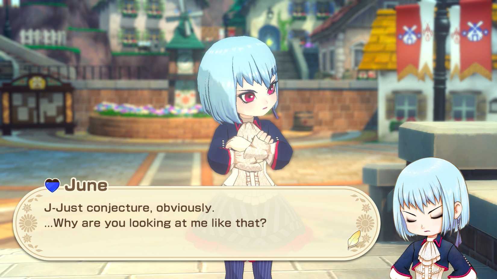 Junho, uma garota pálida com cabelos azuis claros e olhos vermelhos, olha para o lado pensado em Story of Seasons: Grand Bazaar.