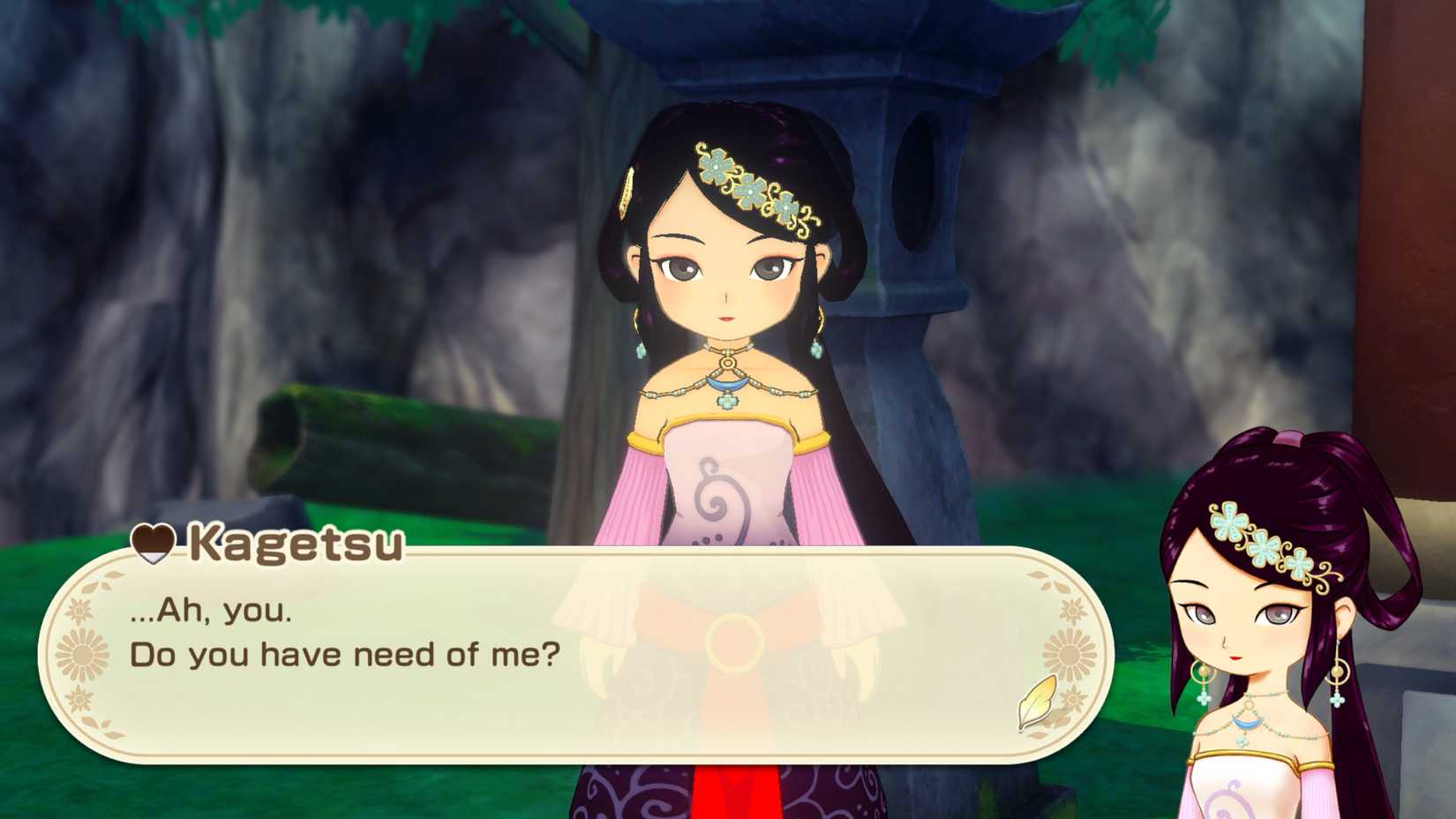Kagetsu, uma mulher de cabelos pretos em um vestido especial, em Story of Seasons: Grand Bazaar.