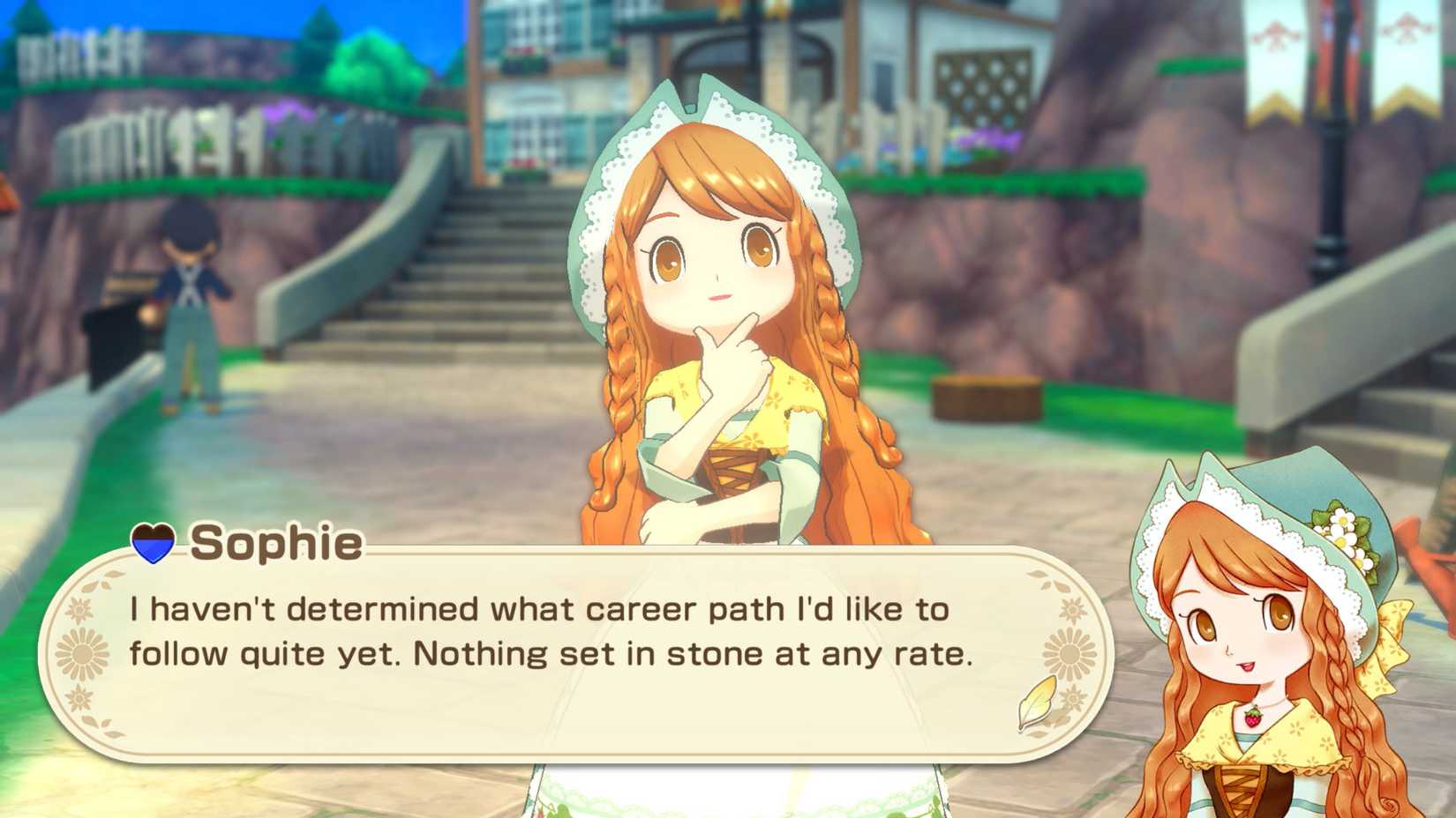 Sophie, uma garota com longos cabelos ruivos, coloca a mão no queixo para pensar na história das estações: Grand Bazaar.