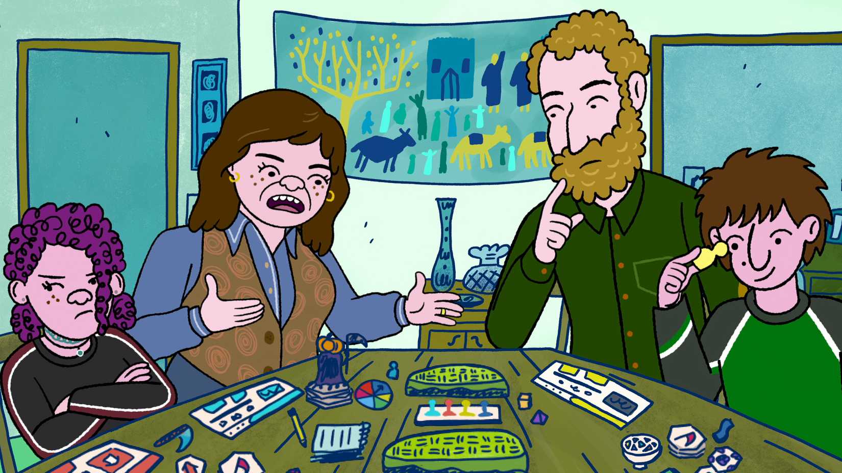 Uma família de quatro gritando um com o outro por um jogo de tabuleiro em longa história