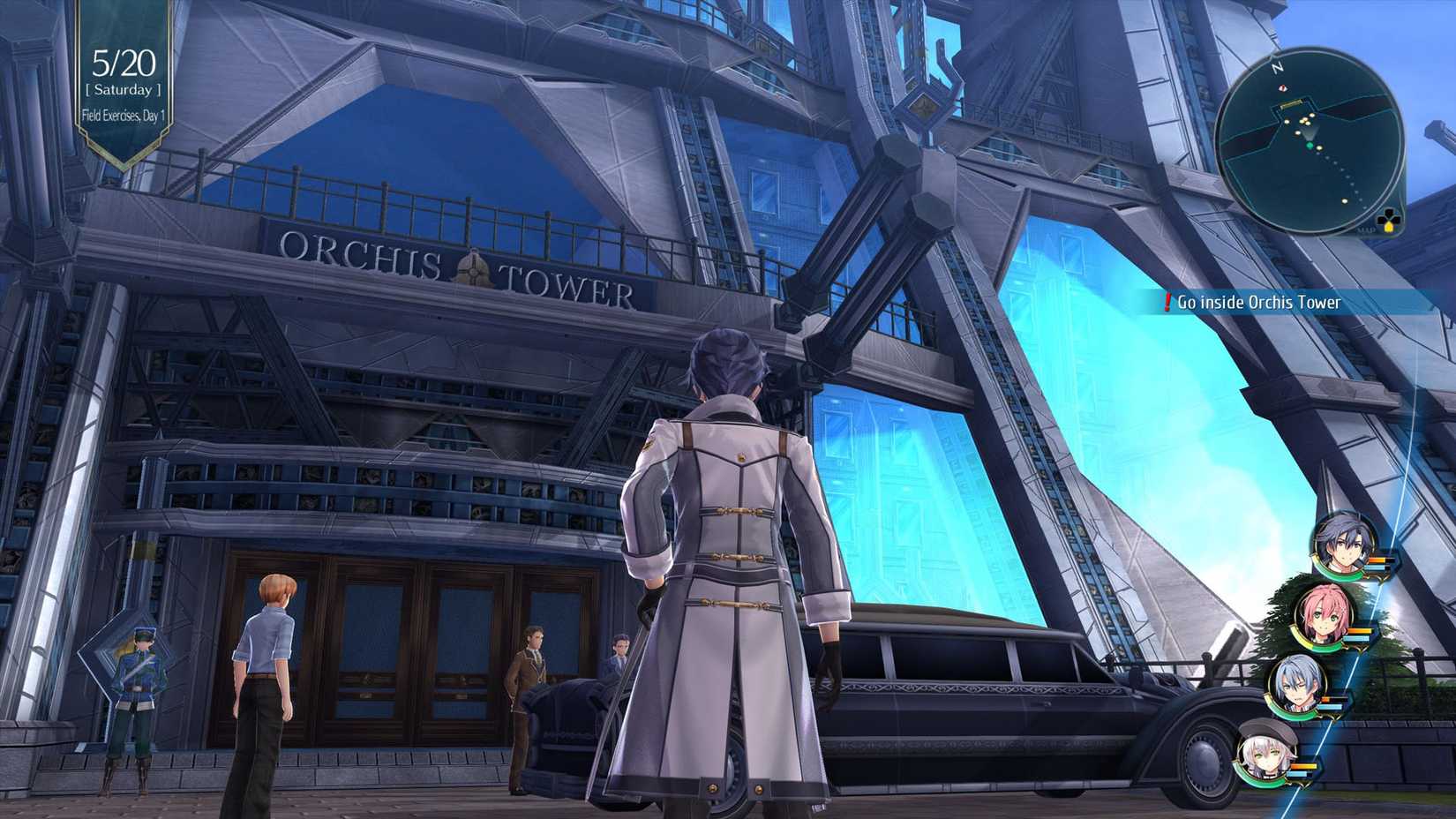Uma tela de aço frio 3 Captura de tela mostrando Rean Schwarzer em frente à Orchis Tower