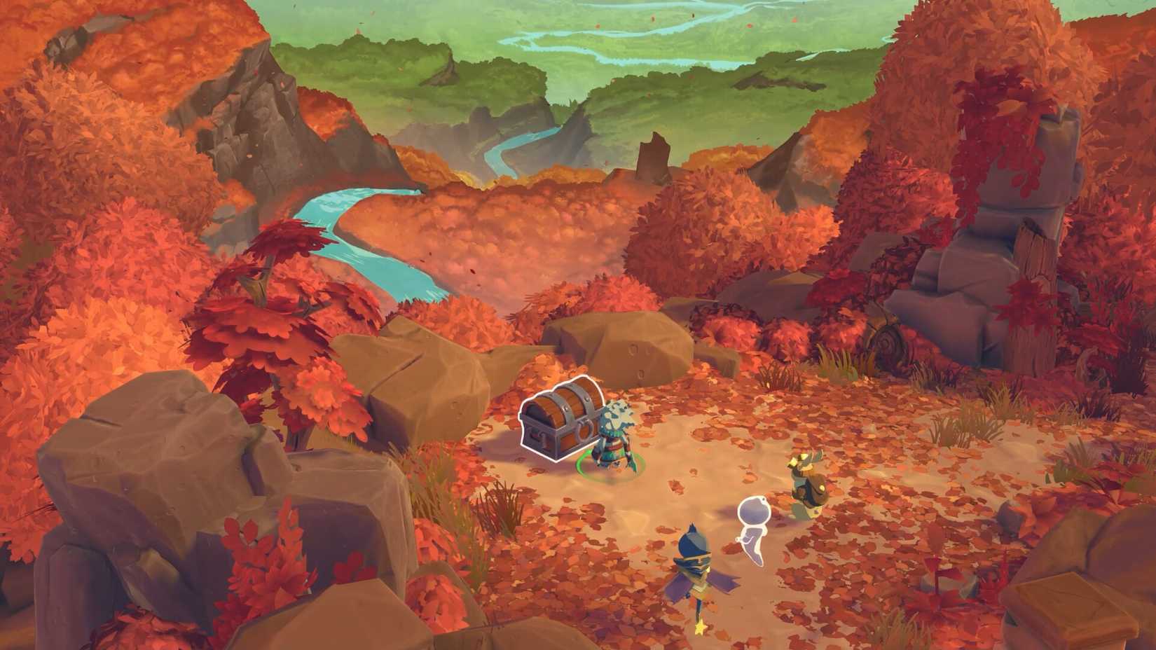 Personagens que abrem um baú do tesouro na guilda solitária.