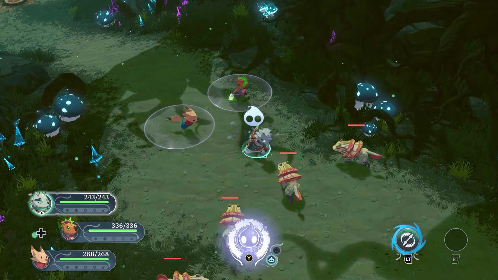 A jogabilidade de combate na guilda solitária mostrando os membros do partido afastando inimigos.