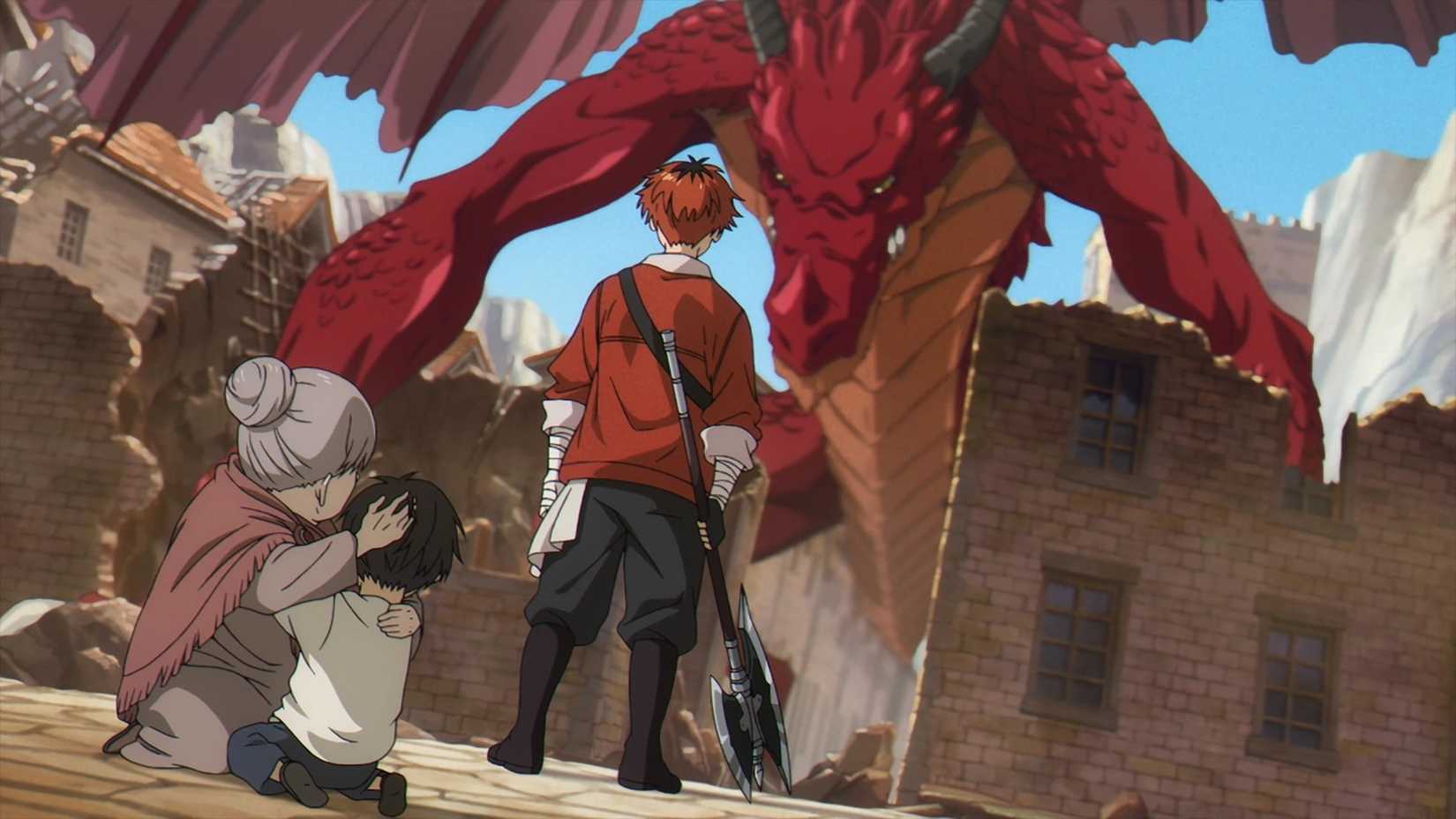 Um homem de cabelos vermelhos com um machado olha para um dragão vermelho como uma velhinha e um garoto escondido atrás dele em Frieren: Beyond Journey's End End
