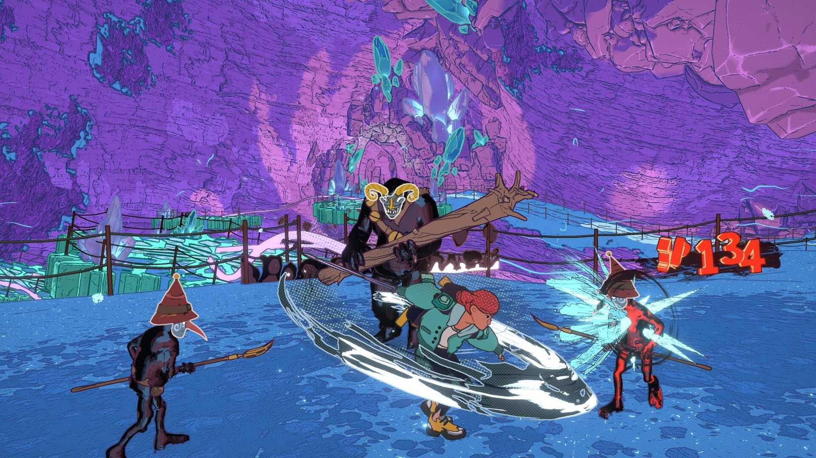 Luisa usando sua espada contra inimigos nas masmorras nevadas de Hinterberg.