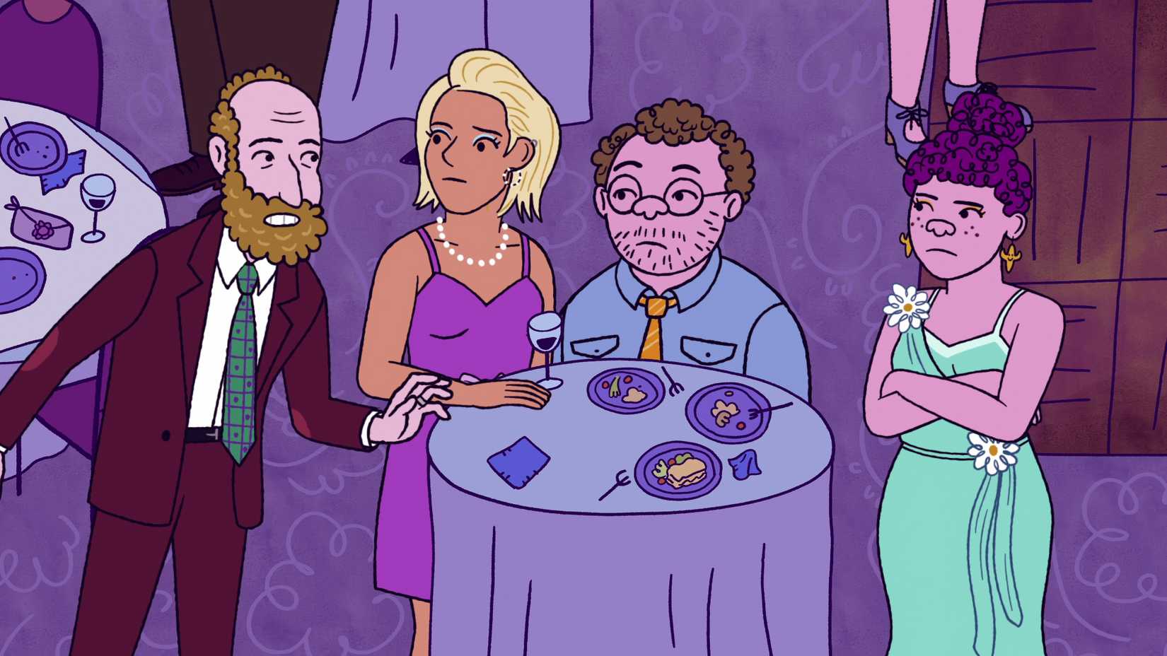 Elliot, Jen, Ari e Shira conversam em uma mesa no Bar Mitzvah de Yoshi em Long Story Short.