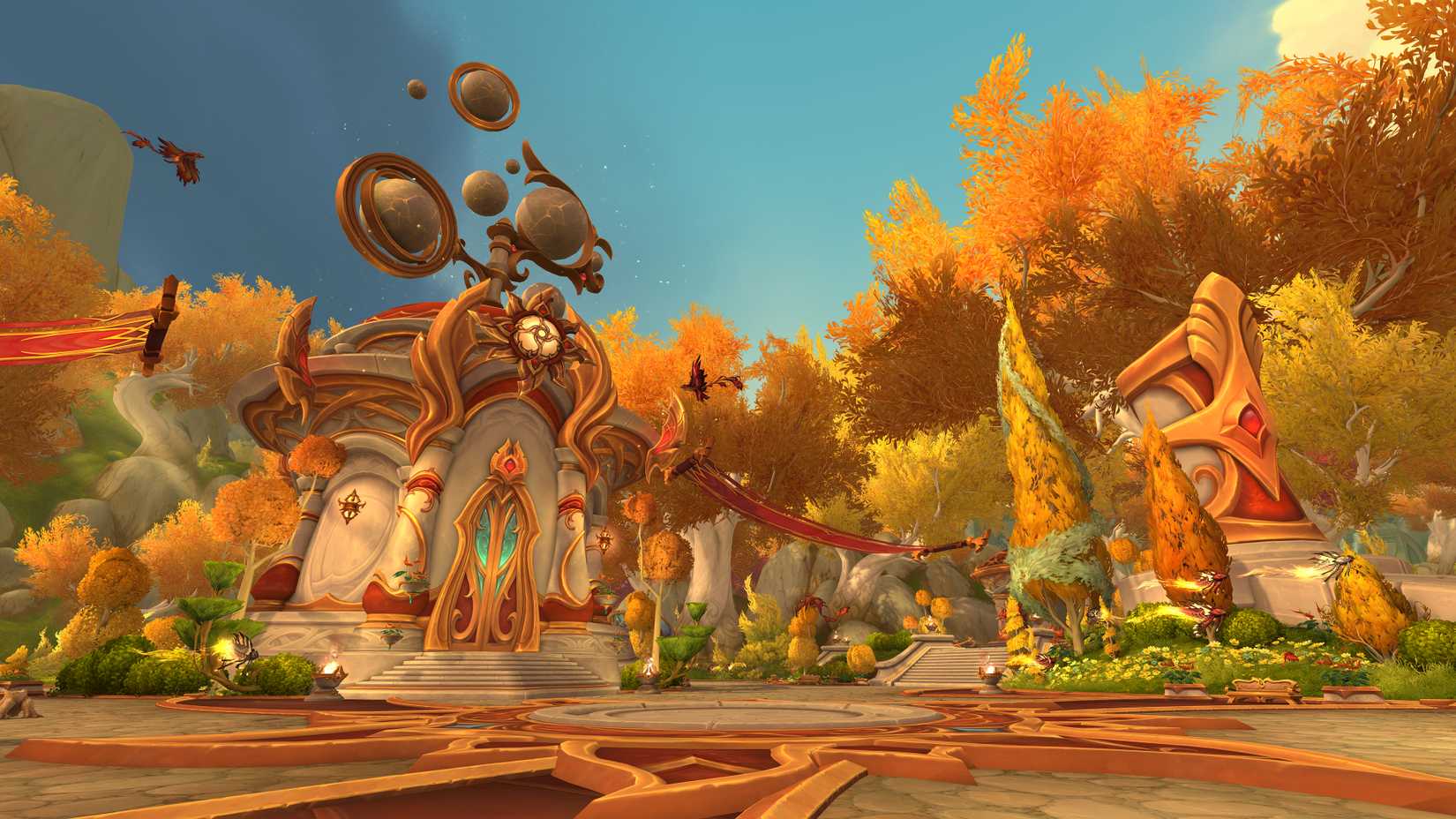 Arquitetura élfica elaborada em um ambiente arborizado outonal na zona de Eversong Woods em World of Warcraft: meia -noite