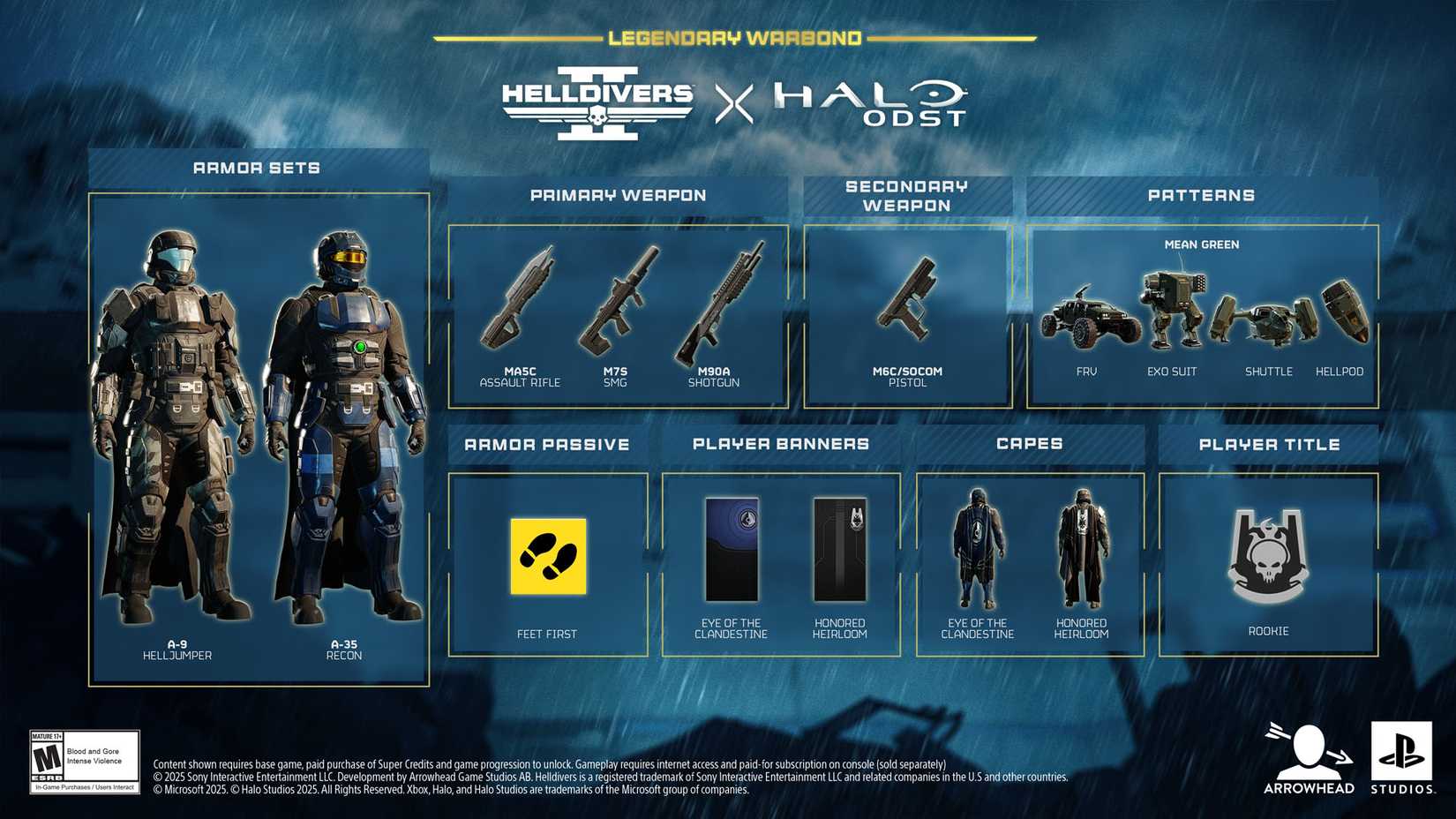 Uma imagem oficial do Helldiver 2 mostrando todos os itens que os jogadores podem obter do lendário Warbond Halo Odst.