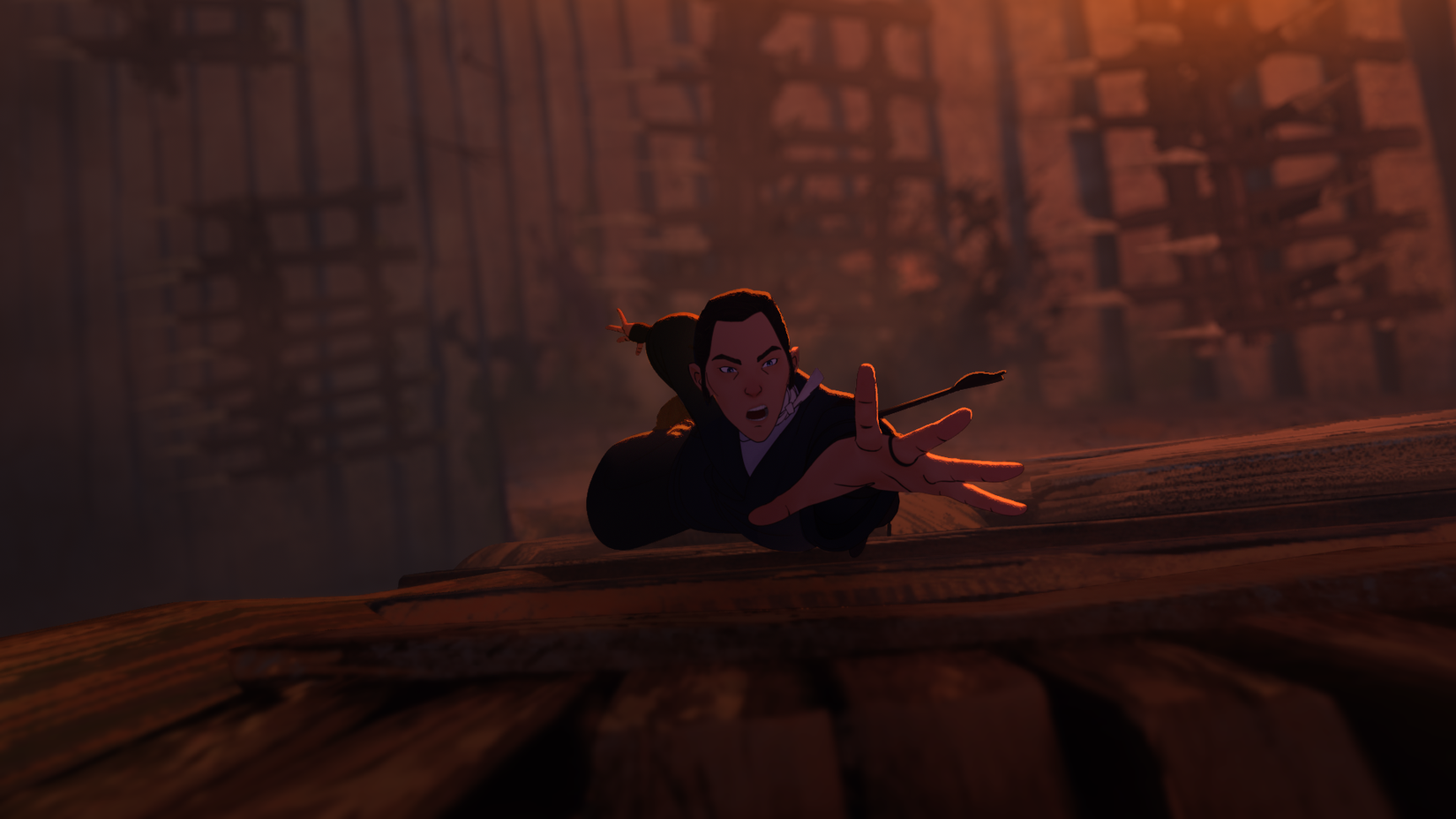 Mizu agarra uma parede do castelo, uma flecha saindo de seu ombro, no olho azul samurai 2ª temporada