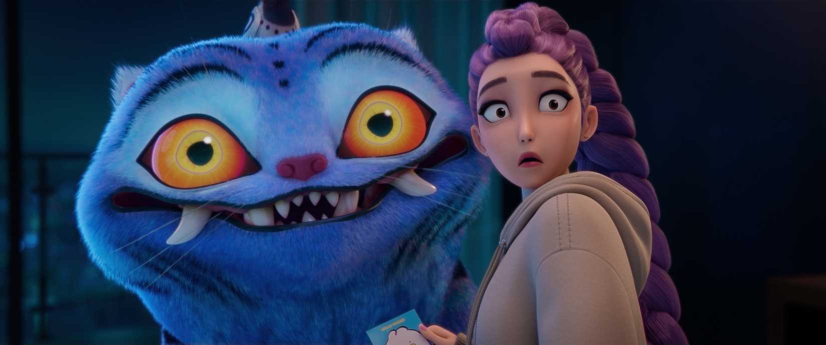 Derpy, um tigre demoníaco de fureio azul, e Rumi, uma estrela do K-pop de cabelos roxos, parecem horrorizados. Tela de Kpop Demon Hunters.