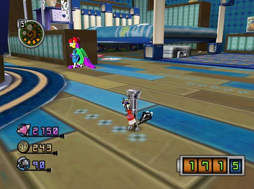 Chibi-Robo fica em um quarto com uma escova de dentes.