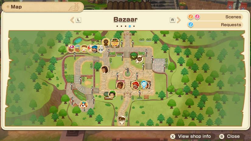 Captura de tela de Story of Seasons: Grand Bazaar. Ele descreve um mapa do bazar, com uma flecha azul apontada para a barraca de Wilbur.