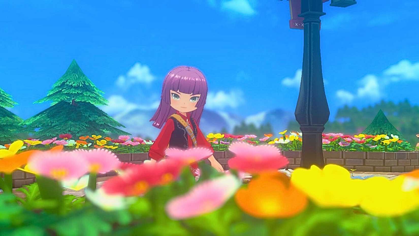 O protagonista fica em um campo de flores multicoloridas. Ela tem cabelos roxos e uma roupa preta e vermelha. Uma captura de tela de Story of Seasons: Grand Bazaar