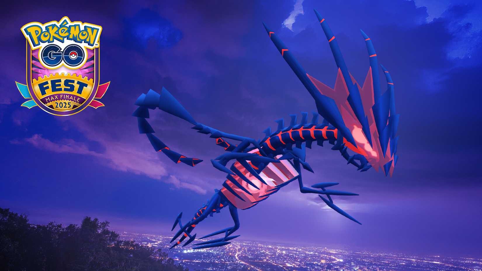 Eternatus voa acima de um céu índigo escuro