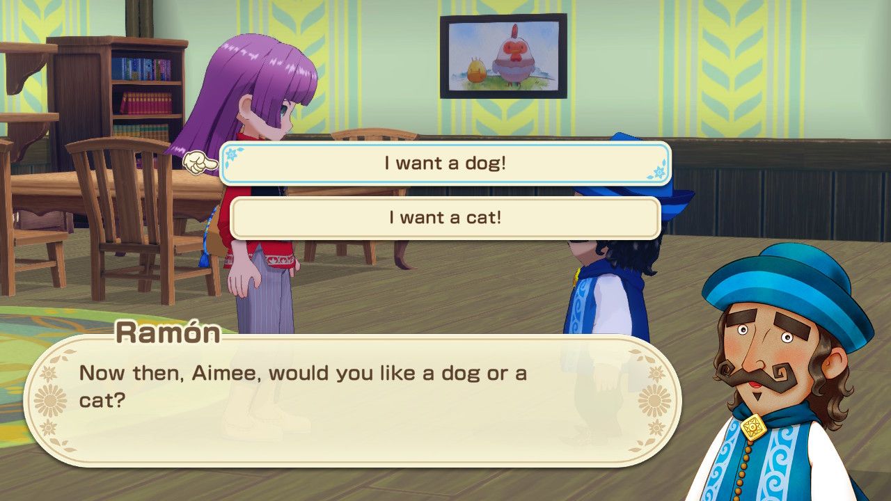 Imagem de Story of Seasons Grand Bazaar. Ele mostra duas opções para o jogador: 'Eu quero um cachorro' e 'eu quero um gato'.