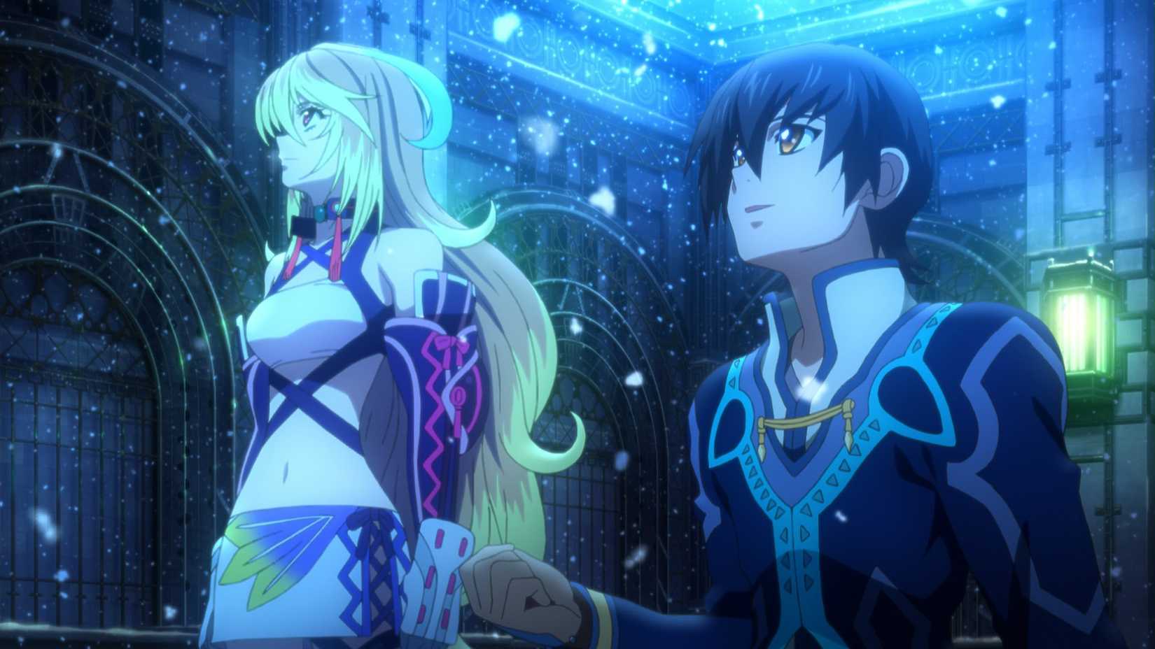 Milla (esquerda) e Jude (direita) ficam juntos enquanto a neve cai ao redor deles. Uma captura de tela de contos de Xillia.