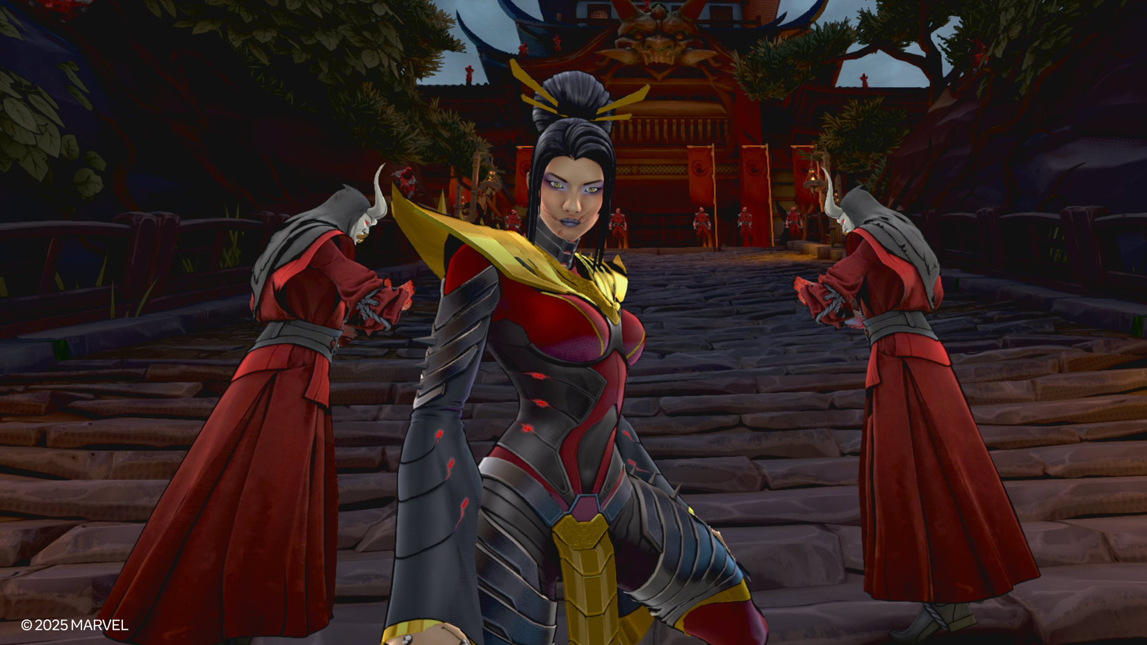 Lady Deathstrike fica nos degraus de um templo ladeado por pessoas em vestes em Deadpool VR