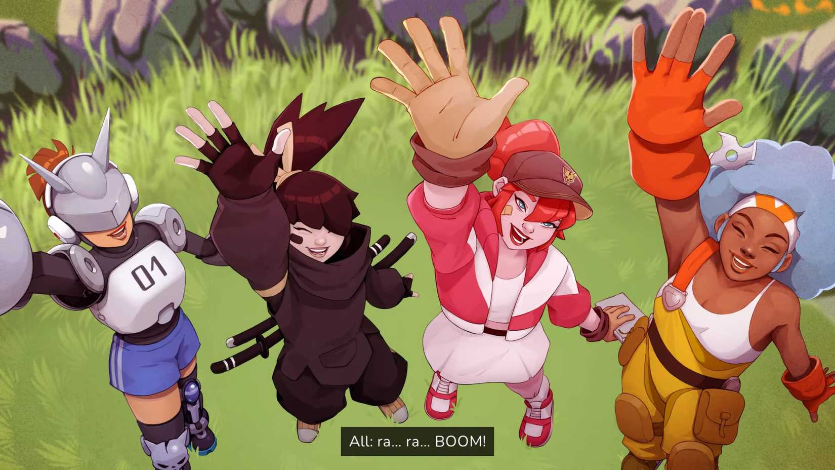 Os quatro protagonistas de Ra Ra Boom enfrentam a câmera acima, aplaudindo, "Reino Unido, Reino Unido, boom!"