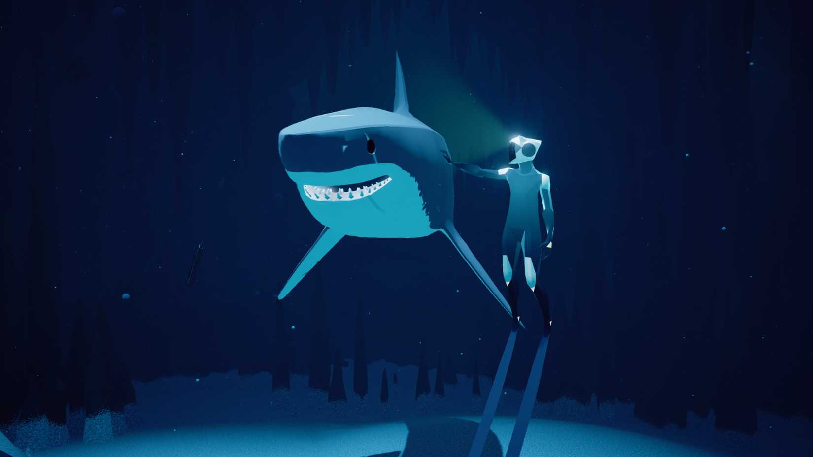 O mergulhador de Abzû anona um tubarão.